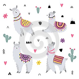 Vector set with cute lamas and decorative elements