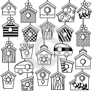 Vector Set of Cute Line Art Birdhouses