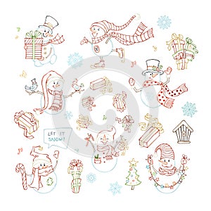 Vector set of cute linear snowmen.