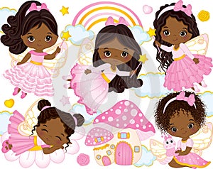 Vector Set with Cute Little African American Fairies and Nature Elements