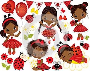 Vector Set with Cute Little African American Girls and Ladybugs