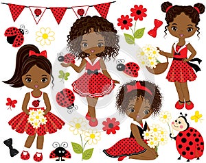 Vector Set with Cute Little African American Girls with Ladybugs