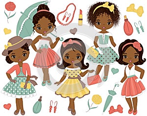 Vector Set with Cute Little African American Girls in Retro Style