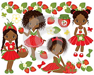 Vector Set with Cute Little African American Girls and Strawberries