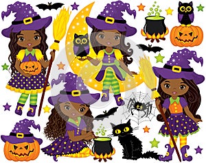 Vector Set with Cute Little African American Witches and Halloween Elements