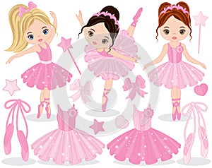 Vector Set with Cute Little Ballerinas, Ballet Shoes and Tutu Dresses photo