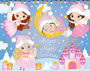 Vector Set with Cute Little Christmas Fairies, Castle and Winter Elements