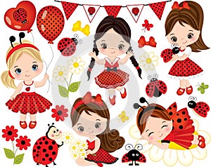 Vector Set with Cute Little Girls, Ladybugs and Flowers