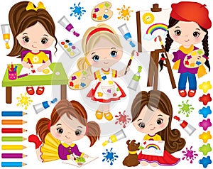 Vector Set with Cute Little Girls and Paint Elements. Vector Little Artists