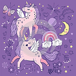Vector set of cute little pink magical unicorns and elements. Vector hand drawing illustration on purple background