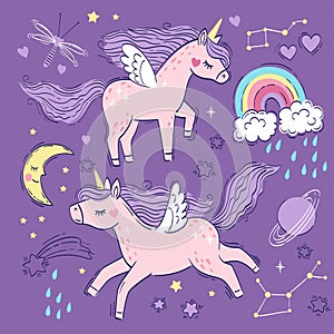 Vector set of cute little pink magical unicorns and elements. Vector hand drawing illustration on purple background