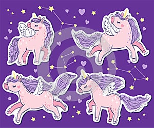 Vector set of cute little pink magical unicorns. Vector hand drawing illustration on purple background. Print for t