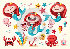 Vector set of cute mermaid and sea animals