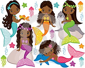 Vector Cute Little Mermaids with Marine Animals. Vector African American Mermaids