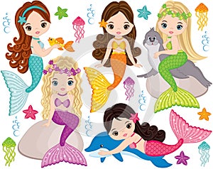 Vector Cute Little Mermaids with Marine Animals. Vector Mermaids