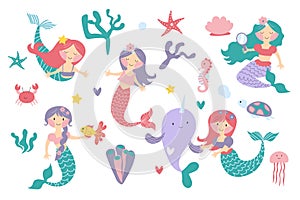 Vector set of cute mermaids and sea plants. Funny cartoon characters and corals are isolated on white. Summer clipart