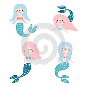 Vector set with cute mermaids on white background