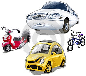 Vector set of cute old broken vehicles: limousine, old moped, broken bicycle, smashed car bug