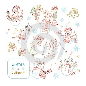 Vector set of cute outlined snowmen.
