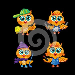 Vector set of cute owls. Cartoon characters different professions.