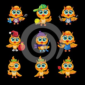 Vector set of cute owls. Cartoon characters different professions.