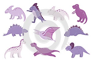 Vector set of cute pink and purple dinosaurs for children. Dino flat cartoon characters