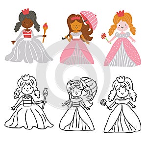 Vector set of cute princesses for coloring book