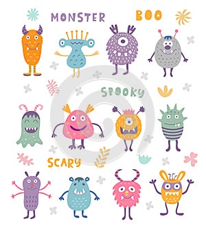 Vector Set of Cute Scary Halloween Monsters.