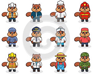 Vector set of cute Squirrel with different professions.