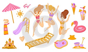 Vector set of cute summer icons. Bikini,sunblock,beach umbrella, towel, ball, pool, girls in bikinis,flamingo lifebuoy, sun.