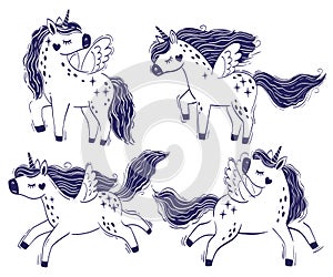 Vector set of cute unicorns. Vector black and white illustration isolated on white background. Print for t-shirt for