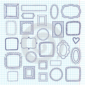 Vector set of cute vintage photo frames on notebook sheet paper background. Hand drawn doodle style for decoration.