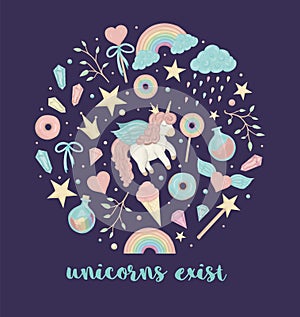 Vector set of cute watercolor style sleeping unicorn, rainbow, clouds