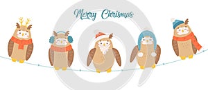 Vector set of cute winter owls for merry christmas, new year. Flat illustration of owl dressed in santa wear, hat, deer