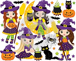 Vector Set with Cute Witches and Halloween Elements