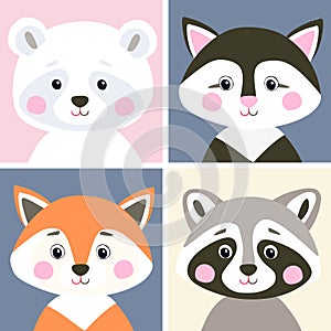 Vector set of cute woodland and pet animals. Funny polar bear, kitten, fox and raccoon in flat style.