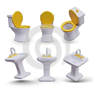 Vettore un impostato composto da  tridimensionale illustrazioni. porcellana servizi igienici bambino posti a sedere terme rubinetto 