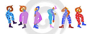 Vector set with dancing disco people wearing colorful clothes, 80s vintage style characters. Retro party people set