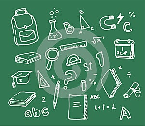 Vector set for the day of knowledge. hand-drawn in doodle style isolated elements for school Ruler, backpack, flask