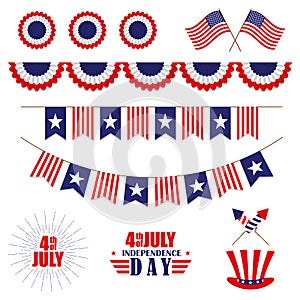 Vector set of decoration for 4th of July. Bunting for USA Independence Day. Isolated on white.