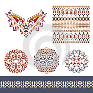 Vector set of decorative elements for design and fashion in ethnic tribal style. Neckline, seamless, border and mandala patterns