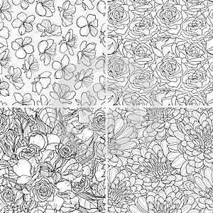 Vector set of decorative hand-drawn seamless floral background with flowers.