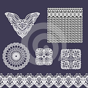 Vector set of decorative lace elements for design and fashion in ethnic indian style. Neckline, seamless, border and patterns
