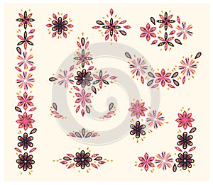 Vector set of decorative ornaments, frames, arrangements & elements with Mexico traditional celebration decor floral style on ligh