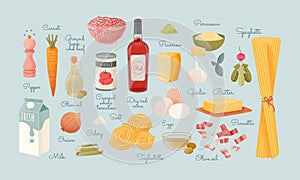 Vector set delicious store products. Postcard with different types of food: pasta, vegetables, meat and tomato paste