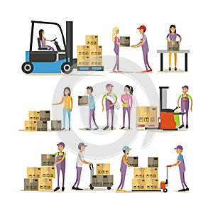 Vector set of delivery man characters on white background. Logistic and transportation icons