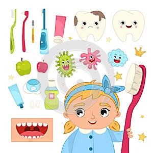 Vector set of dental care products.