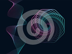 Vector set for design. A 3D tunnel made of a geometric shape and a sinuous wave. Abstract graphics on a dark background.