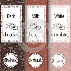 Vector set of design elements and seamless pattern for chocolate and cocoa packaging - labels and background