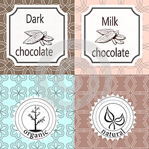 Vector set of design elements and seamless pattern for chocolate and cocoa packaging - labels and background